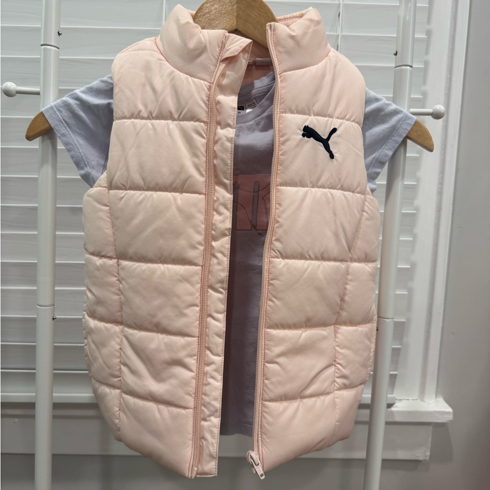 Puma Kids Light Pink Quilted Vest Light Blue Shirt Gray Pants Set 3PC